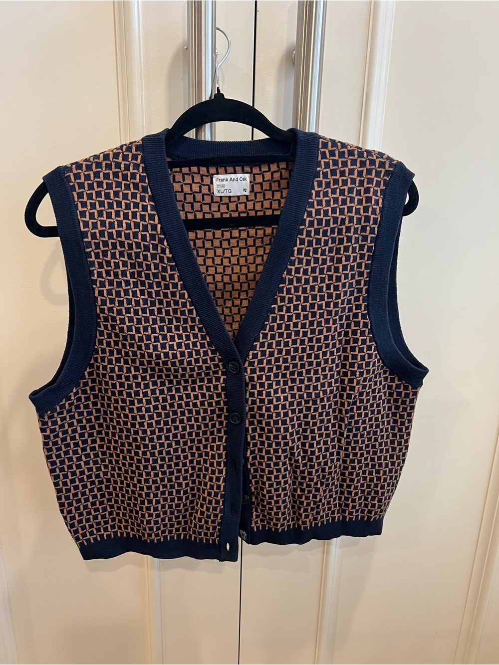Frank & Oak Navy and Tan Geometric Knit Button-Front Vest